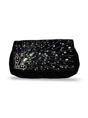 Ipa-Nima Black Beaded Peacock Clutch Evening Bag Embellished Velvet Handmade